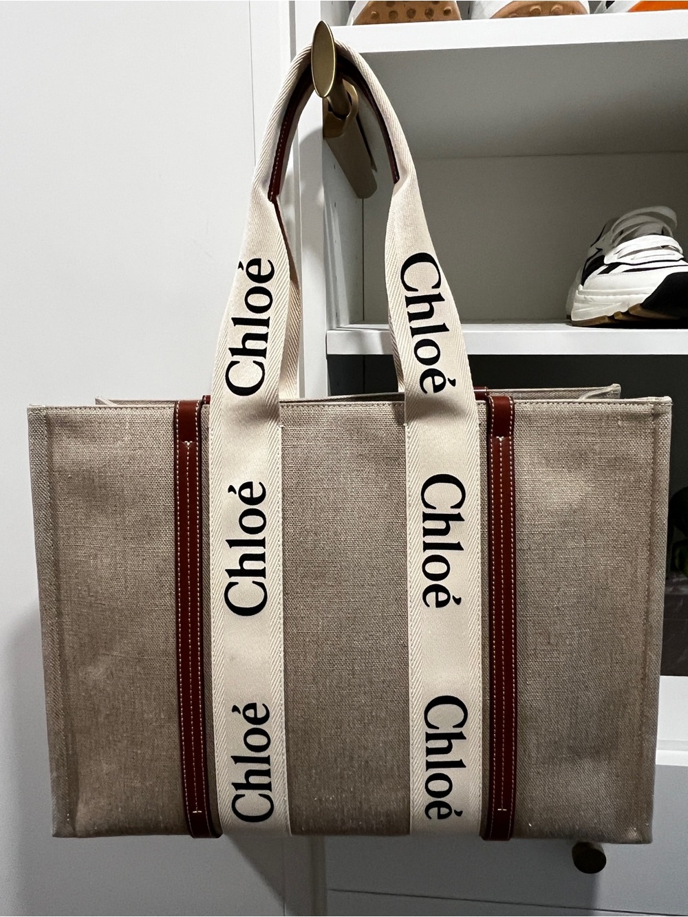 Chloe Large Beige Canvas Tote with Logo Straps